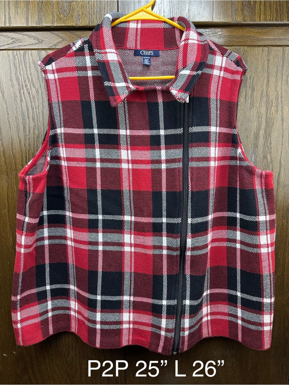 Chaps Red and Black Plaid Zip-Front Sleeveless Vest